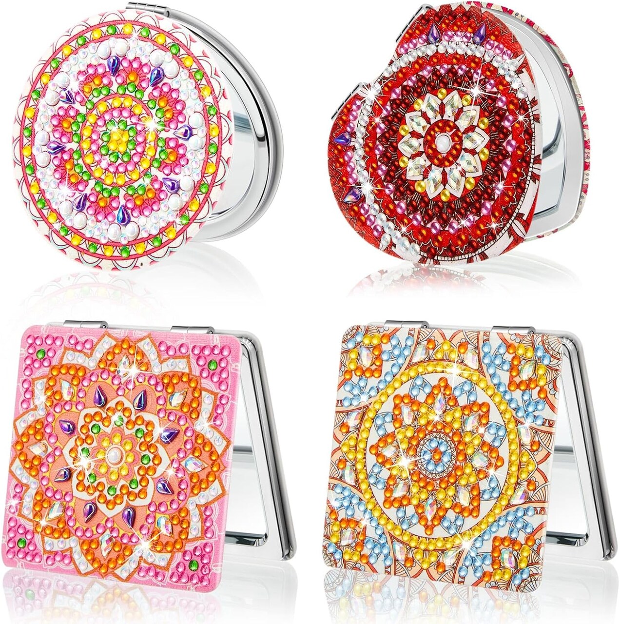 4 Pcs Diamond Painting Compact Mirror DIY Painting Pocket Portable Folding Purse Mirror for Women Diamond Art Mom Gifts for Mother's Day Nurse Week Party Favors(Bright Mandala)